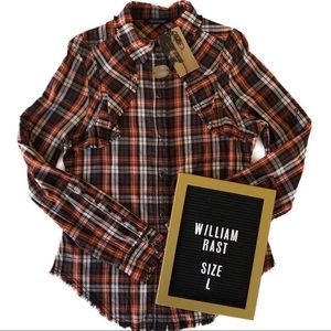 NWT WILLIAM RAST Plaid Button Down Fringe Detail L